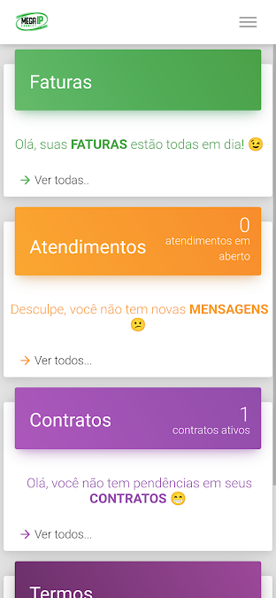 Tela inicial do aplicativo Mega IP Internet com faturas, atendimentos e contratos